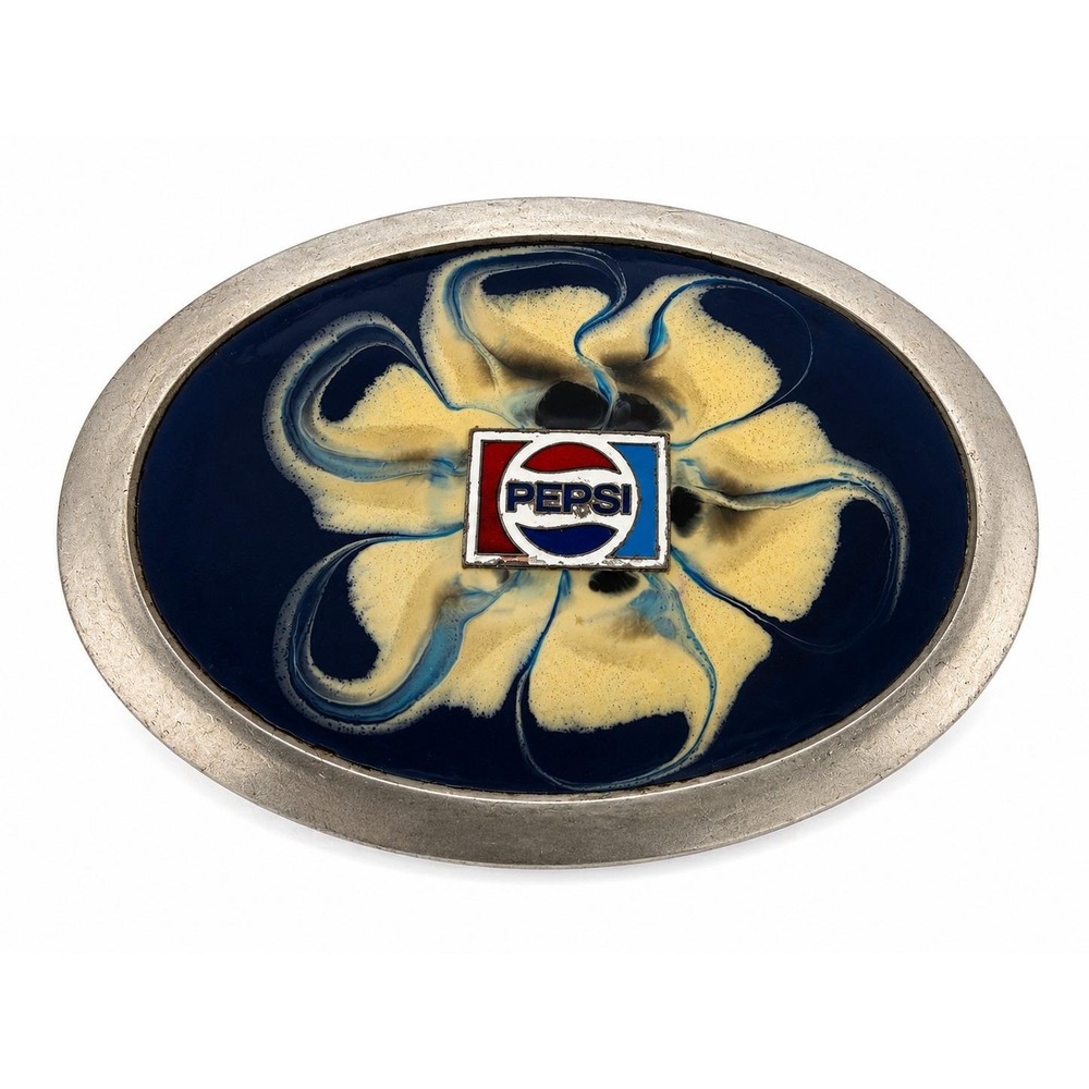 Pepsi Logo Belt Buckle Blue Cream Swirl Enamel Soda Advertising Oval Vintage
